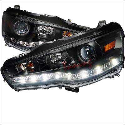 Spec-D - Mitsubishi Lancer Spec-D R8 Style Projector Headlights - Black Housing - 2LHP-EVO08JM-8-TM