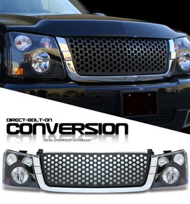 Chevrolet Silverado Option Racing Headlights - Black with Black Punch Hole Grille - 10-15270