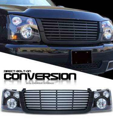 Chevrolet Silverado Option Racing Headlights - Black with All Black Billet Grille - 10-15276