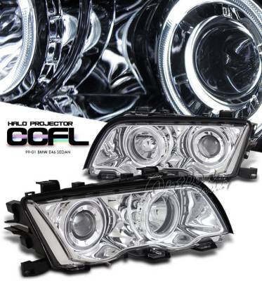 BMW 3 Series 4DR Option Racing Headlights CCFL Projector - Chrome with CCFL Halo - 12-12113