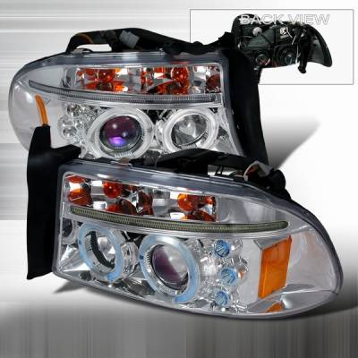 Dodge Dakota Custom Disco Chrome Dual Halo Projector Headlights with LED Eyebrows & Amber Reflector - 2LHP-DAK97B-TM