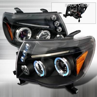 Toyota Tacoma Custom Disco Black Dual Halo Projector Headlights with LED Eyebrows & Amber Reflector - 2LHP-TAC06JMB-TM