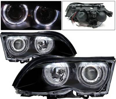 BMW 3 Series 2DR 4 Car Option Dual Halo Projector Headlights - Black - LP-BE46499BCR-KS