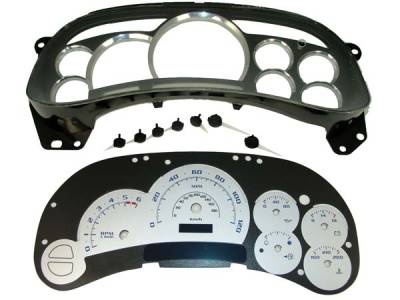 US Speedo Escalade Style Gague Cluster Platinum Overlay - Displays 120 MPH - No Transmission Temperature - Platinum Lens - Silver Background - Blue Needles - PLK0402