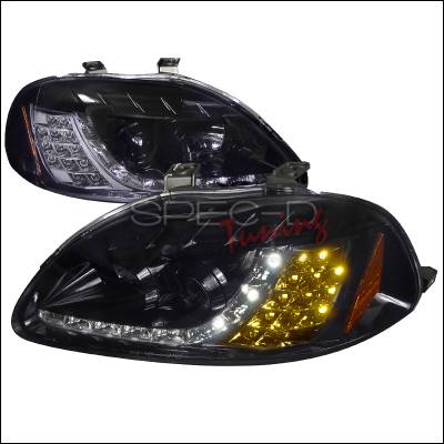 Honda Civic Spec-D R8 Style Smoked Lens Gloss - Black Amber LED Signal Projector Headlights - 2LHP-CV96G-8V2-TM