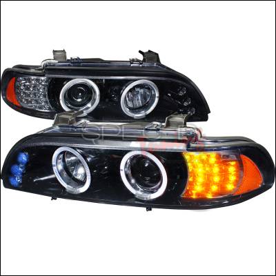 BMW 5 Series Spec-D Halo Projector Headlight Gloss - Black Housing - Smoke Lens Amber LED Signal Light - 2LHP-E3997G-8V2-TM