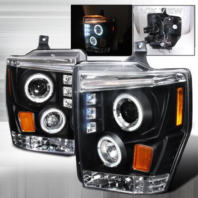 Ford F250 Spec-D Halo LED Projector Headlights - Black - 2LHP-F25008JM-TM