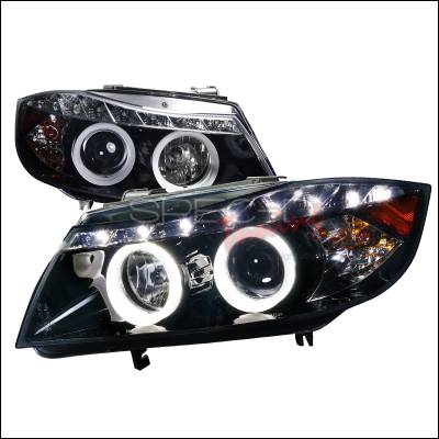 BMW 3 Series Spec-D SMD LED Iced Halo Projector Headlights - Smoked Lens Glossy - Black Housing - 6LHP-E9005G-8-TM