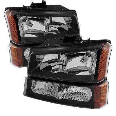 Chevrolet Silverado Spyder Crystal Headlights with Bumper Lights - Black - HD-JH-CSIL03-AM-BK-SET