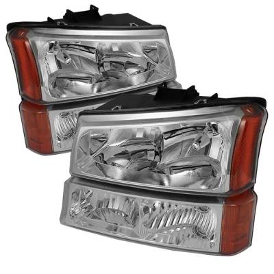 Chevrolet Silverado Spyder Crystal Headlights with Bumper Lights - Chrome - HD-JH-CSIL03-AM-C-SET