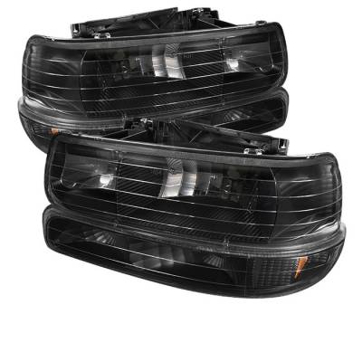 Chevrolet Silverado Spyder Amber Crystal Headlights with Bumper Lights - Black - HD-JH-CSIL99-SET-AM-BK