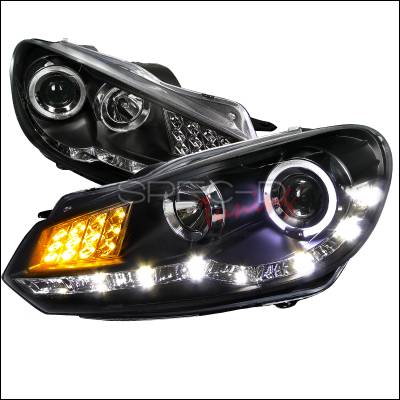 Volkswagen Golf Spec-D R8 Style Projector Headlight - Black Housing with LED Signal - LHP-GLF10JM-8V2-TM