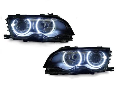 BMW E46 2D Black Projector Angel DEPO Headlight - H7 W/ Uhp Led Angel Halo Rings