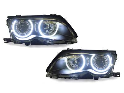 BMW E46 4D Black Projector Angel DEPO Headlight H7 W/ Uhp Led Angel Halo Rings