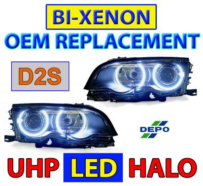 BMW E46 Black Projector Angel DEPO Headlight Hi/Low W/ Uhp Led Angel Halo Rings